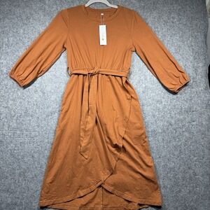 Petallush Women's XS Wrap Dress Burnt Orange 3/4 Sleeve Tie Waist Midi